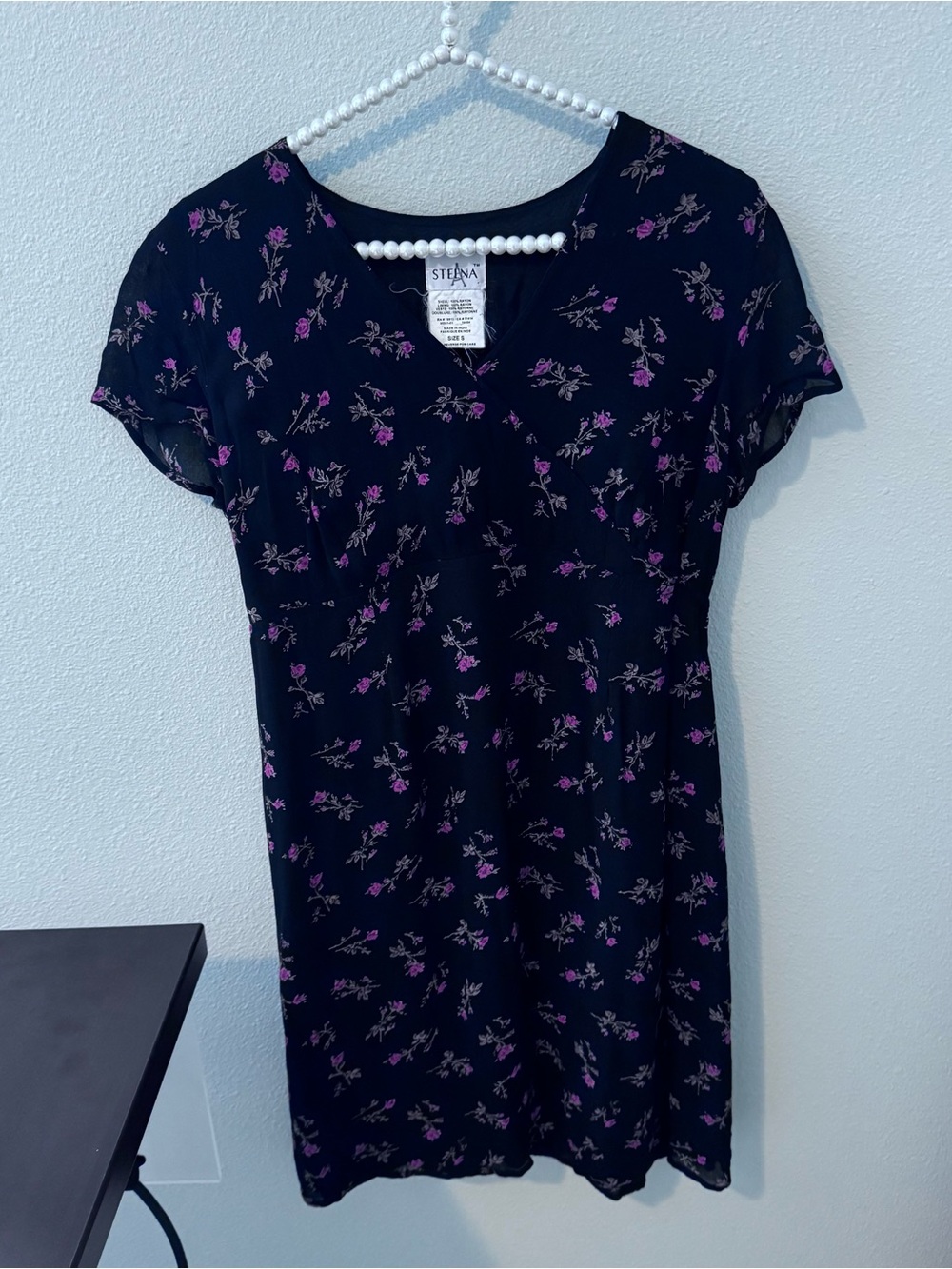 VINTAGE Black Mini Dress with Pink Floral Print